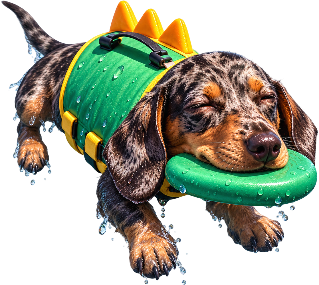 Milo the merle dachshund floating in a green crocodile vest
